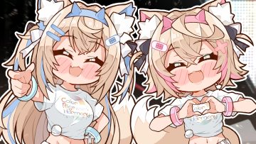 2girls animal ears blonde hair blush bow cat smile doggirl fang fuwawa abyssgard headband hololive kukie-nyan long hair mococo abyssgard navel shirt lift short hair tail twins twintails wristwear
