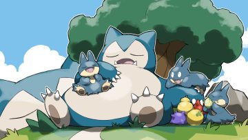 blacknirrow clouds food fruit grass group munchlax no humans pokemon sky sleeping snorlax tree