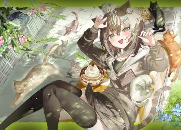 1-gou (111touban) aliasing animal animal ears blush brown hair cake cat catgirl cat smile flowers food fumino tamaki green eyes hood leaves nijisanji shade short hair skirt tail thighhighs third-party edit