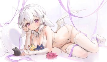 animal ears blush bow bra breasts bunny ears bunnygirl cleavage garter belt hansum original panties purple eyes ribbons short hair stockings tail twintails underwear white hair wings