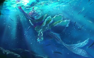 animal aqua eyes aqua hair blue fish japanese clothes kimono mermaid nyonsuke short hair signed touhou underwater wakasagihime water