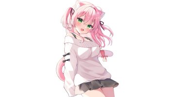 animal ears bow catgirl fang green eyes hamico haruka (hamico) long hair original pink hair skirt tail third-party edit twintails white