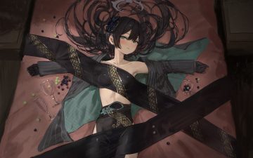 aqua eyes black hair blue archive blush food fruit gloves hidulume long hair no bra open shirt ryuuge kisaki sketch