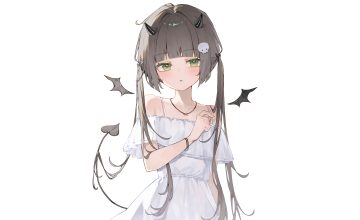 blush brown hair dress flat chest green eyes horns kanase (mcbrwn18) long hair necklace original summer dress tagme (character) tail third-party edit twintails white wings wristwear