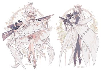 2girls aliasing bow chain choker dark skin dress flowers garter gun halo headdress lemon89h long hair original purple eyes ribbons signed weapon white white hair wings wristwear