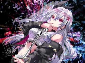 chain gray hair hololive isaki riona long hair microphone red eyes signed tyouya
