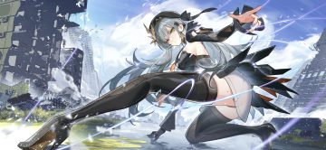 aether gazer ass boots building clouds dress grass gray hair green eyes hat long hair panties ruins sky spread legs thighhighs thoth (aether gazer) underwear upskirt xianyu liang