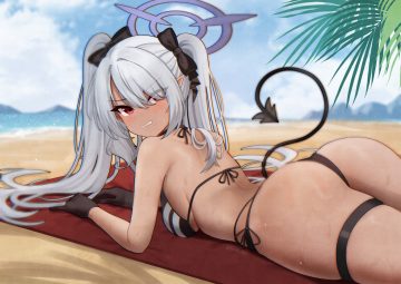 ass beach bikini blue archive blush bow breasts clouds dark skin garter gloves gray hair halo long hair nassss pointed ears red eyes shiromi iori sky swimsuit tail twintails water