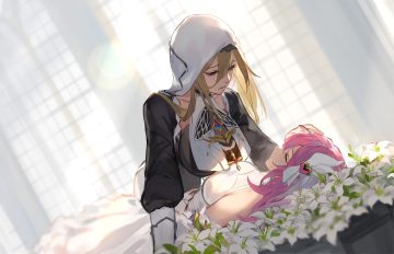 2girls aponia (honkai impact) bamboo nima blue eyes brown hair dress elysia (honkai impact) flowers headdress honkai impact honkai (series) long hair nun pink hair shoujo ai sleeping