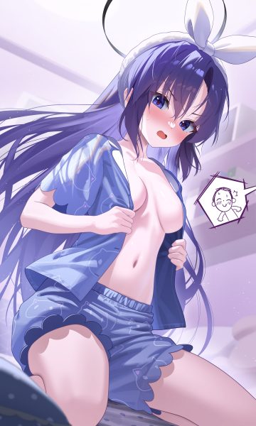 luts blue archive hayase yuuka halo no bra open shirt pajama undressing