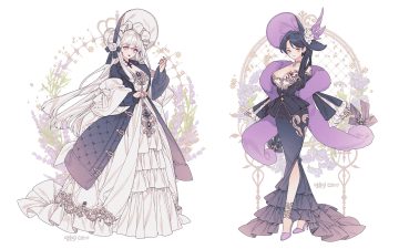 2girls black hair breasts choker cleavage dress flowers hat headdress lemon89h lolita fashion long hair original purple eyes signed tattoo white white hair yellow eyes
