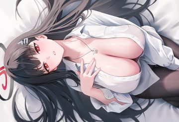black hair blue archive blush breast hold breasts cleavage halo kottungyang long hair necklace no bra open shirt pantyhose red eyes shirt tsukatsuki rio
