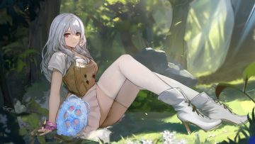 boots breasts cleavage flowers forest grass long hair red eyes shade shirt skirt thighhighs tree weapon white hair wristwear yuki miio