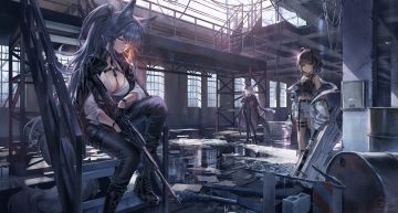 aliasing animal ears black hair boots breasts cape cigarette cleavage garter gloves gray eyes gray hair gun gz (gyoju) hat industrial long hair navel original ponytail shirt short hair shorts signed smoking stairs suit tail tattoo tie watermark weapon wristwear yellow eyes