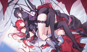 2girls arknights bike shorts black hair dress entelechia (arknights) garter gloves goth-loli horns kneehighs lolita fashion long hair nian panties pointed ears purple eyes red eyes red hair short hair shorts skirt lift surtr (arknights) thighhighs underwear wings yuri