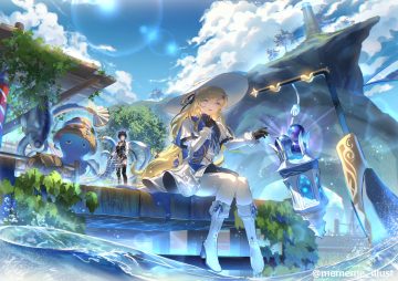 2girls animal black hair blonde hair boots clouds dress female rover (wuthering waves) fish gloves hat leaves lighthouse long hair magic pantyhose phoebe (wuthering waves) ponytail purple eyes sky thighhighs tree usagi (jurijuri2311) water watermark wuthering waves