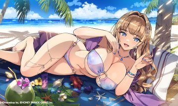 barefoot beach bikini blue eyes breasts brown hair chain cleavage clouds dolphin wave drink flowers garter kirahoshi kanna long hair necklace ootomo takuji shade sky sunglasses swimsuit tree water watermark wristwear