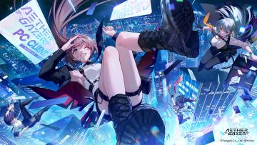 aether gazer aqua hair black hair boots brown hair building city garter gloves green eyes group headband kuikui logo long hair night pantyhose ponytail red eyes shirt short hair skirt tagme (character) tail tie watermark wink wristwear