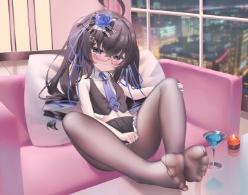 black hair blush bow building city couch drink flat chest glasses loli long hair navel night panties pantyhose purple eyes ribbons sheng taoren skirt tie twintails underwear