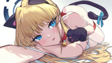 animal ears asuma toki bell bikini blonde hair blue archive blue eyes blush bow braids breasts catgirl cat smile cleavage close collar cosplay gloves halo long hair nox13 swimsuit tail