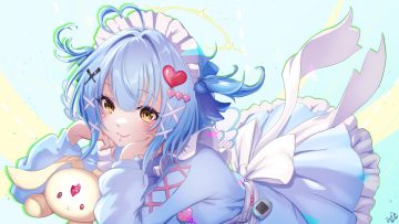amasora kohane apron blue hair bow bunny dress halo headdress momoyama tits short hair signed twintails yellow eyes