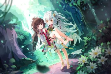 2girls barefoot bell blush bow brown hair chinese clothes flowers forest garter gray hair leaves loli long hair necklace original red eyes shoujo ai teeth bro tree twintails water waterfall yellow eyes