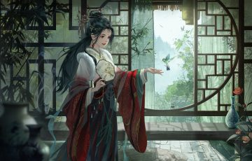 animal baozaifan meiyouzai bird black hair chinese clothes dress fan flowers headdress leaves long hair original tree