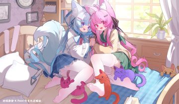 2girls animal animal ears bed blue hair book bow cat garter hood loli long hair ningmeng jing jing jing jing original pantyhose pink eyes pink hair purple eyes school uniform skirt tail thighhighs upskirt watermark