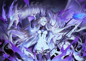 aqua eyes arknights bones dragon dress eblana (arknights) fire horns long hair magic myluche purple spear tail thighhighs torn clothes weapon white hair