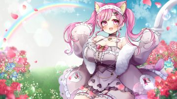 animal ears blush breasts bubbles catgirl choker cleavage clouds corset dress flowers garter garter belt grass long hair momonya miyui petals pink eyes pink hair rainbow rose sky tagme (artist) tail twintails