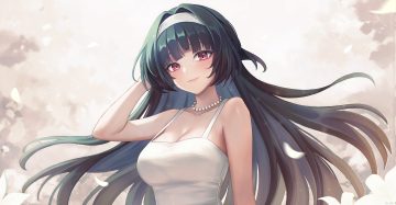 astra yao black hair breasts cleavage flowers headband long hair narijade necklace petals red eyes signed zenless zone zero