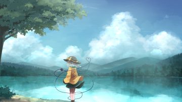 bow clouds gray hair hat komeiji koishi nanahana nanana scenic short hair skirt sky touhou tree water