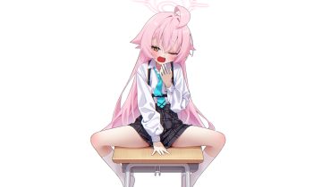 agnamore aliasing blue archive blush fang halo kneehighs loli long hair orange eyes pink hair school uniform shirt skirt spread legs takanashi hoshino third-party edit tie white wink