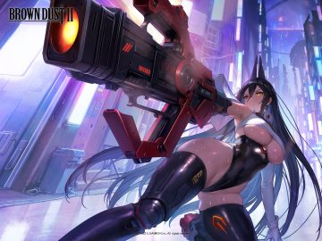 bicolored eyes black hair breasts brown dust brown dust 2 building city gloves gun headband leotard levia (brown dust) logo long hair night tagme (artist) techgirl thighhighs underboob watermark weapon