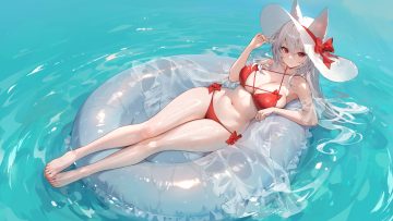 animal ears bikini bow breasts gray hair hat long hair navel original red eyes see through swim ring swimsuit water wet whois