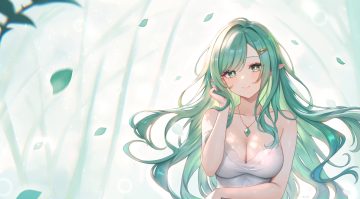 breasts cleavage close green eyes green hair leaves long hair narijade necklace original pointed ears signed