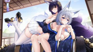 2girls animal ears anthropomorphism ass grab azur lane black hair blue eyes blush breast hold breasts choker cleavage clouds foxgirl gray hair japanese clothes jfzm001 kimono long hair multiple tails musashi (azur lane) necklace no bra shinano (azur lane) skirt sky tail thighhighs yellow eyes zettai ryouiki