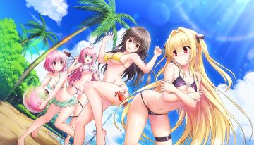 animal ball barefoot beach bikini blonde hair blush breast hold breasts brown hair cleavage clouds crab crossover dolphin wave garter golden darkness green eyes group kotegawa yui lala satalin deviluke long hair momo velia deviluke navel ootomo takuji pink eyes pink hair red eyes see through short hair skirt sky swimsuit tail to love ru tree twintails underboob water yellow eyes