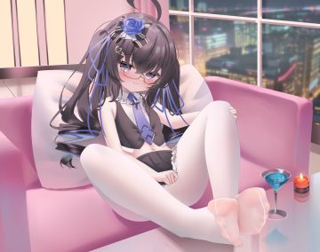 black hair blush bow building city couch drink flat chest glasses loli long hair navel night pantyhose purple eyes ribbons sheng taoren skirt tie twintails
