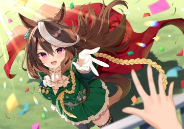 animal ears anthropomorphism blush brown hair cape dress gloves grass long hair mauve purple eyes symboli rudolf tail thighhighs uma musume: pretty derby uniform zettai ryouiki