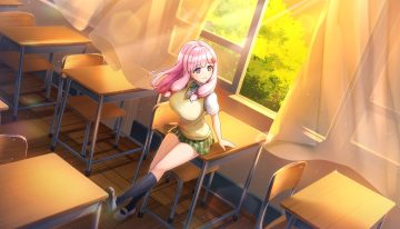 bow cosplay crossover dolphin wave kneehighs leaves long hair nacht (dolphin wave) ootomo takuji pink eyes pink hair shirt skirt sunset to love ru to love ru darkness