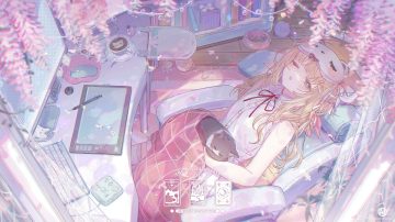 animal blonde hair blush book bow cat computer dress drink flat chest flowers green eyes long hair mask original petals ribbons summer dress umehara sei watermark wink