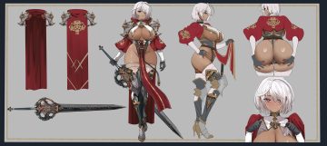 armor ass ass grab breasts choker dark skin gloves no bra original purple eyes short hair skirt lift sword teddypocky thighhighs underboob waifu2x weapon white hair