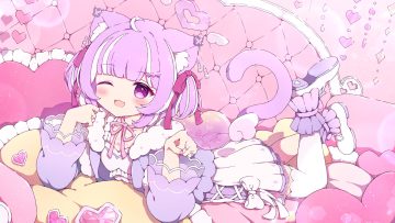 animal ears bed blush bow catgirl cat smile choker dress loli original purple eyes purple hair short hair tail tattoo thighhighs twintails tyakomes wink