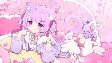animal ears bed blush bow catgirl cat smile choker dress loli original purple eyes purple hair short hair tail tattoo thighhighs twintails tyakomes