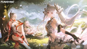 bicolored eyes blue eyes bow breasts cleavage clouds dress elbow gloves flat chest flowers garter gloves grass gray hair horns lamia (punishing: gray raven) logo long hair lucia (punishing: gray raven) luna (punishing: gray raven) petals punishing: gray raven red eyes shade skirt sky tagme (artist) tree twintails