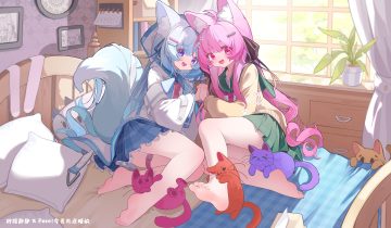 2girls animal animal ears barefoot bed blue hair book bow cat garter hood loli long hair ningmeng jing jing jing jing original panties pink eyes pink hair purple eyes school uniform skirt tail underwear upskirt watermark