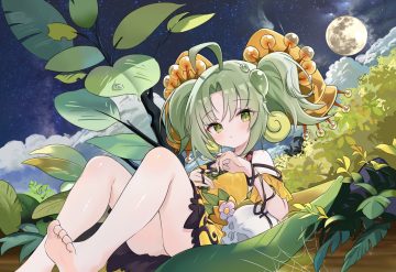 barefoot blush clouds dress green eyes green hair leaves loli moon night skull sky stars traptrix sera twintails water yu-gi-oh zhcx7832