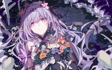 castorice (honkai: star rail) doll elbow gloves flowers gloves honkai (series) honkai: star rail long hair pointed ears purple eyes purple hair ribbons stelle (honkai: star rail) trailblazer (honkai: star rail) yajuu