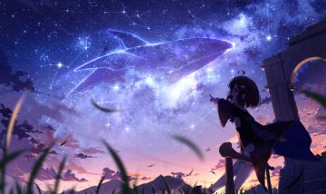 bow clouds dark domado dress grass loli night ruins short hair sky stars sunset thighhighs